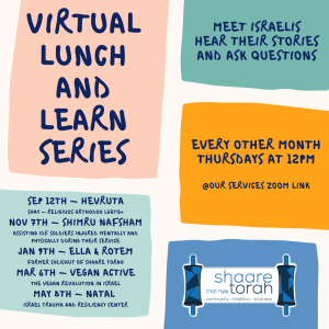 virtual lunch and learn series. every other month
thursdays at 12pm

@our services zoom link
Sep 12th - Hevruta
shay - religiuos orthodox LGBTQ+
nov 7th - Shimru Nafsham
assisting IDF soldiers injured mentally AND PHYSICALLY during their service
jan 9th - Ella & rotem
former shlichut of shaare torah
mar 6th - vegan active
the vegan revolution in israel
may 8th - natal 
Israel Trauma and Resiliency Center
meet Israelis
hear their stories
and ask questions